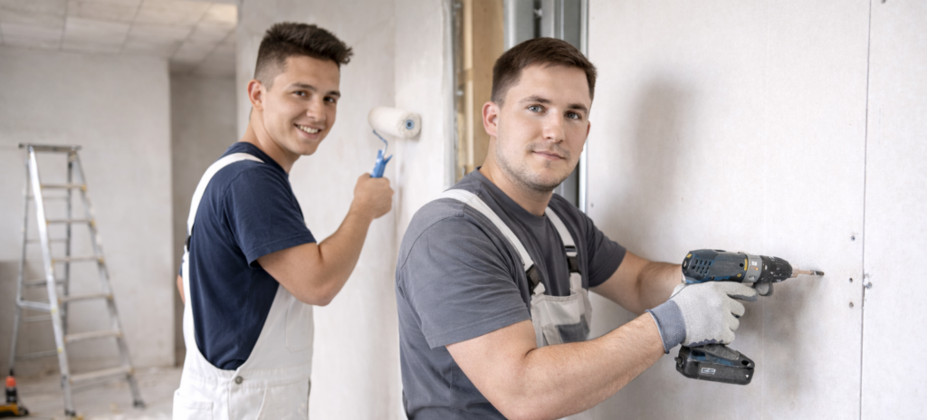 Felújítás alatt álló beltéri tér szerszámokkal és festéshez előkészített falakkal